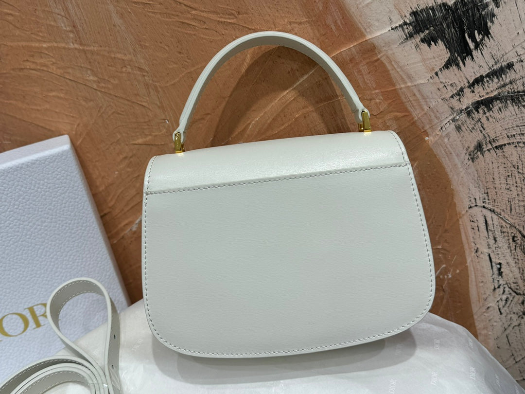 Dior Elegant White Leather Top Handle Handbag with Gold Buckle