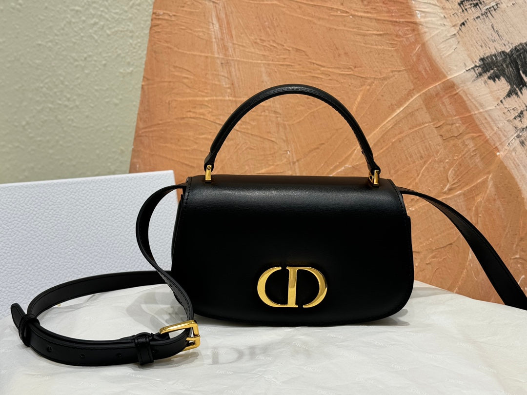Dior Classic Black Leather Crossbody Bag with Top Handle and Gold Clasp