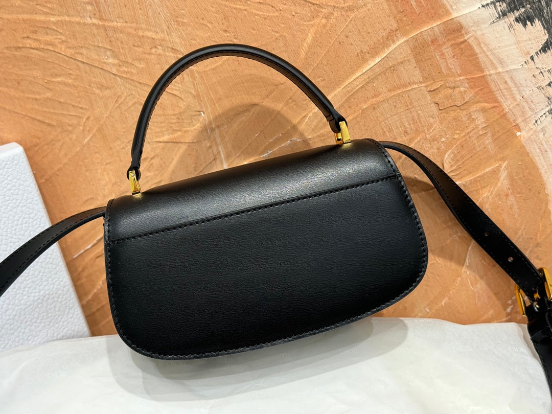 Dior Classic Black Leather Crossbody Bag with Top Handle and Gold Clasp