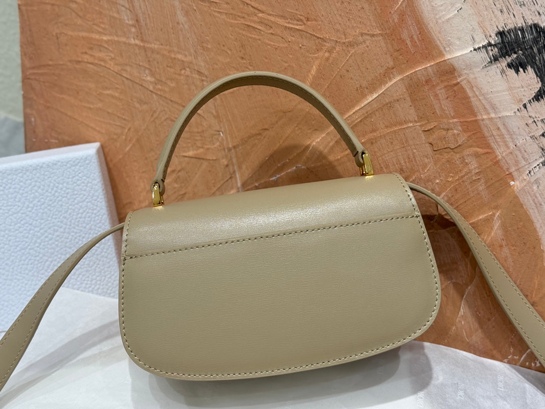 Dior Luxury Taupe Leather Shoulder Bag with Gold Buckle and Top Handle