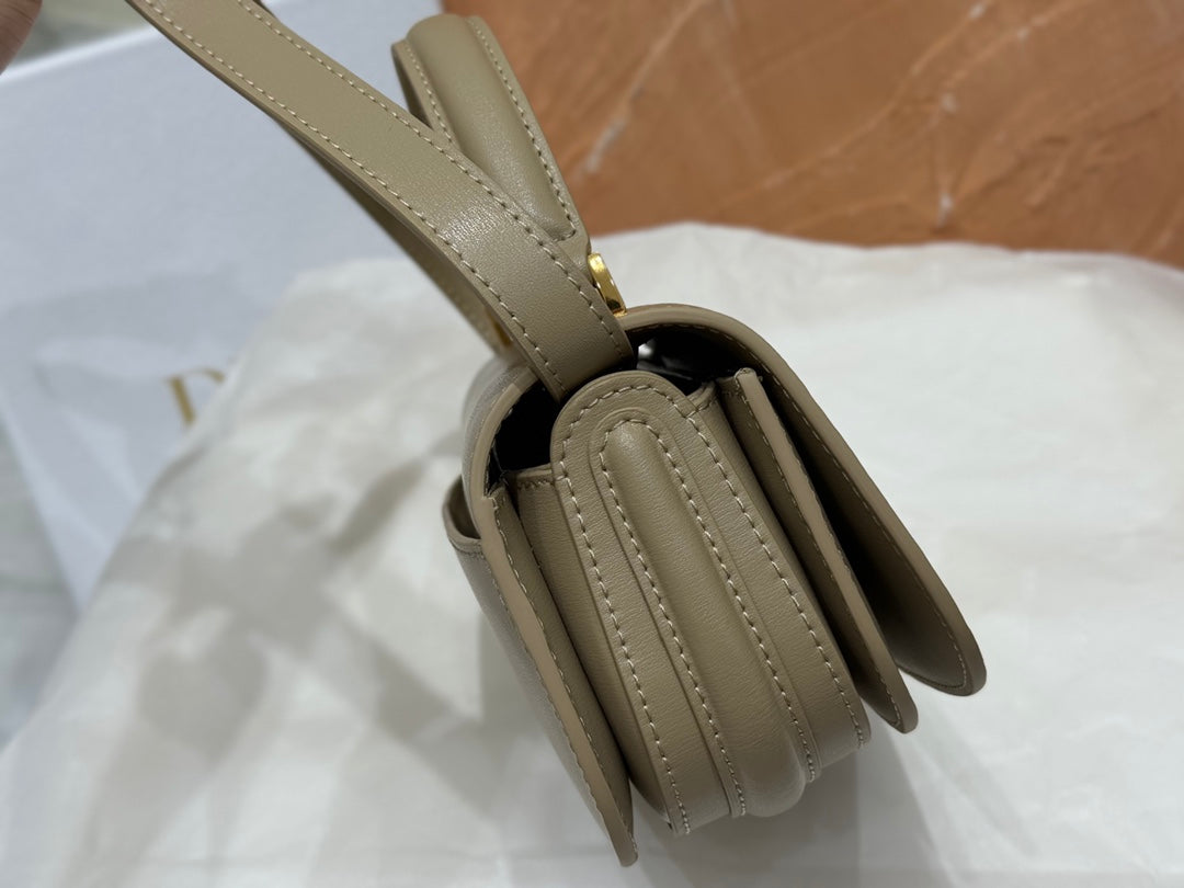 Dior Luxury Taupe Leather Shoulder Bag with Gold Buckle and Top Handle
