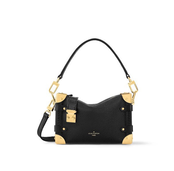 Louis Vuitton Black Textured Leather Trunk-Style Shoulder Bag with Gold Corners