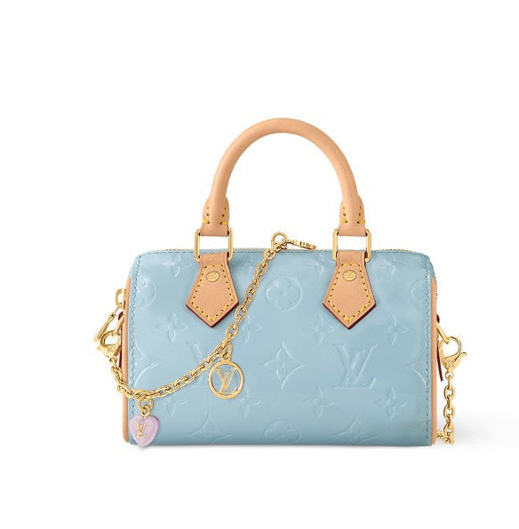 Louis Vuitton Pastel Blue Embossed Crossbody Barrel Bag with Gold Chain and Heart Charm