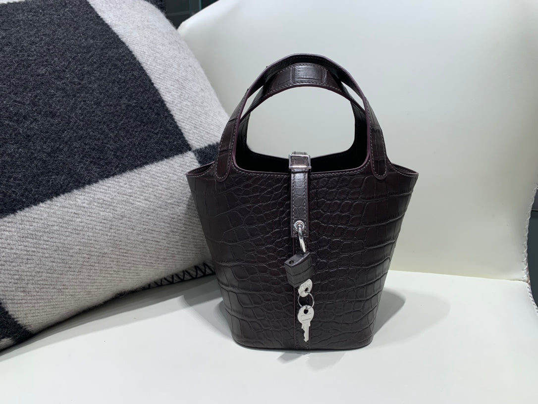 Luxury Small Brown Crocodile-Embossed Leather Bucket Bag with Lock and Key