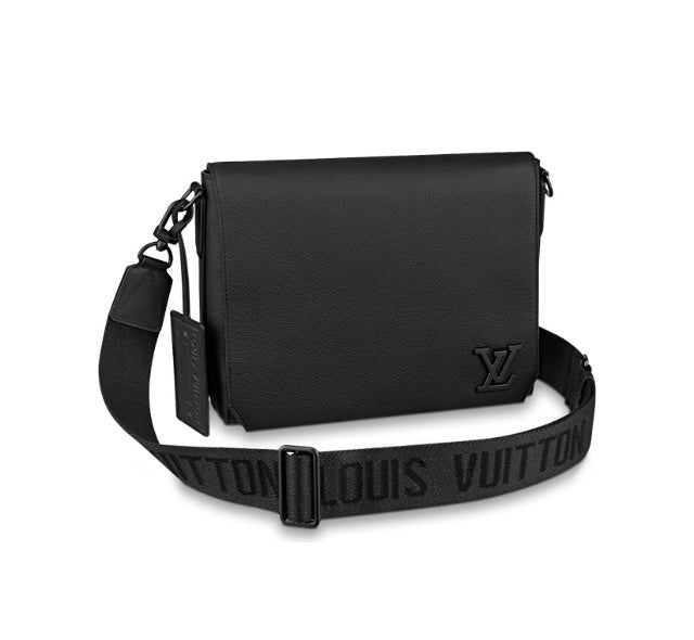 Louis Vuitton Minimalist Black Leather Messenger Bag with Wide Crossbody Strap