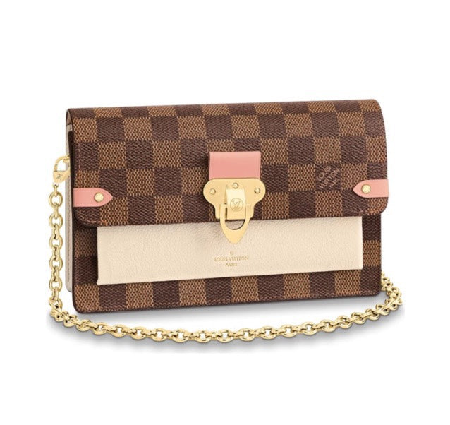 Louis Vuitton Brown Checkered Crossbody Bag with Gold Chain and Pink Accents