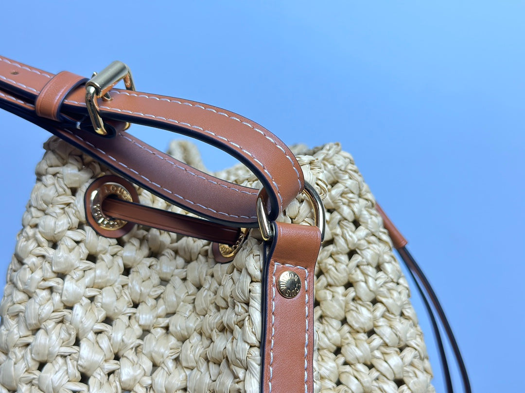 Louis Vuitton Summer Woven Straw Bucket Bag with Brown Leather Strap