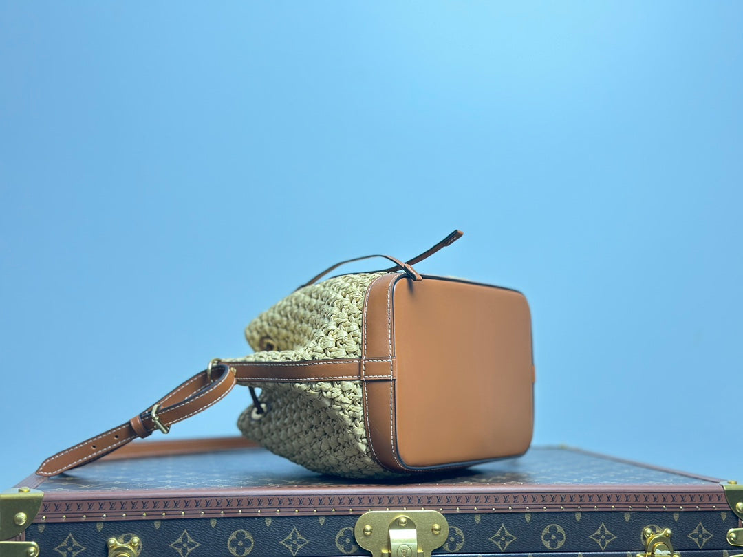 Louis Vuitton Summer Woven Straw Bucket Bag with Brown Leather Strap