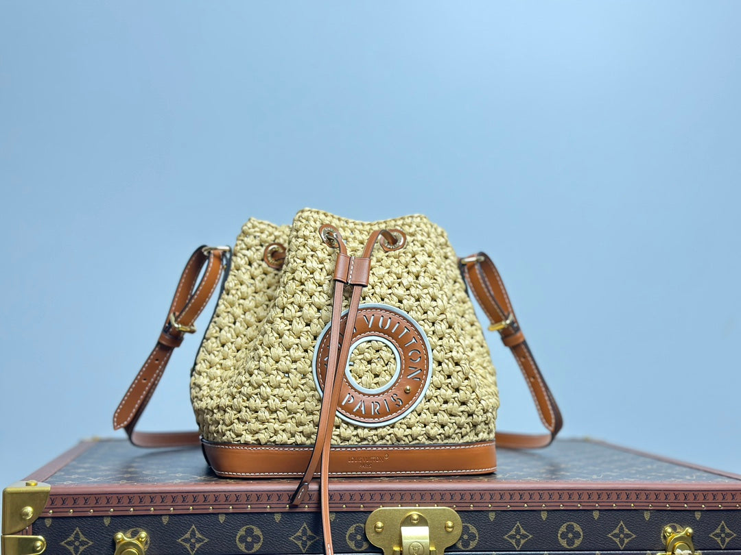 Louis Vuitton Summer Woven Straw Bucket Bag with Brown Leather Strap