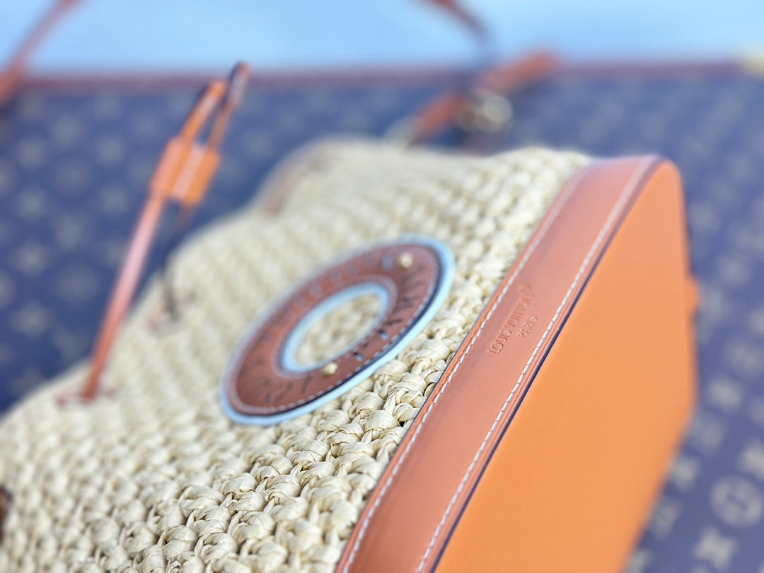Louis Vuitton Summer Woven Straw Bucket Bag with Brown Leather Strap