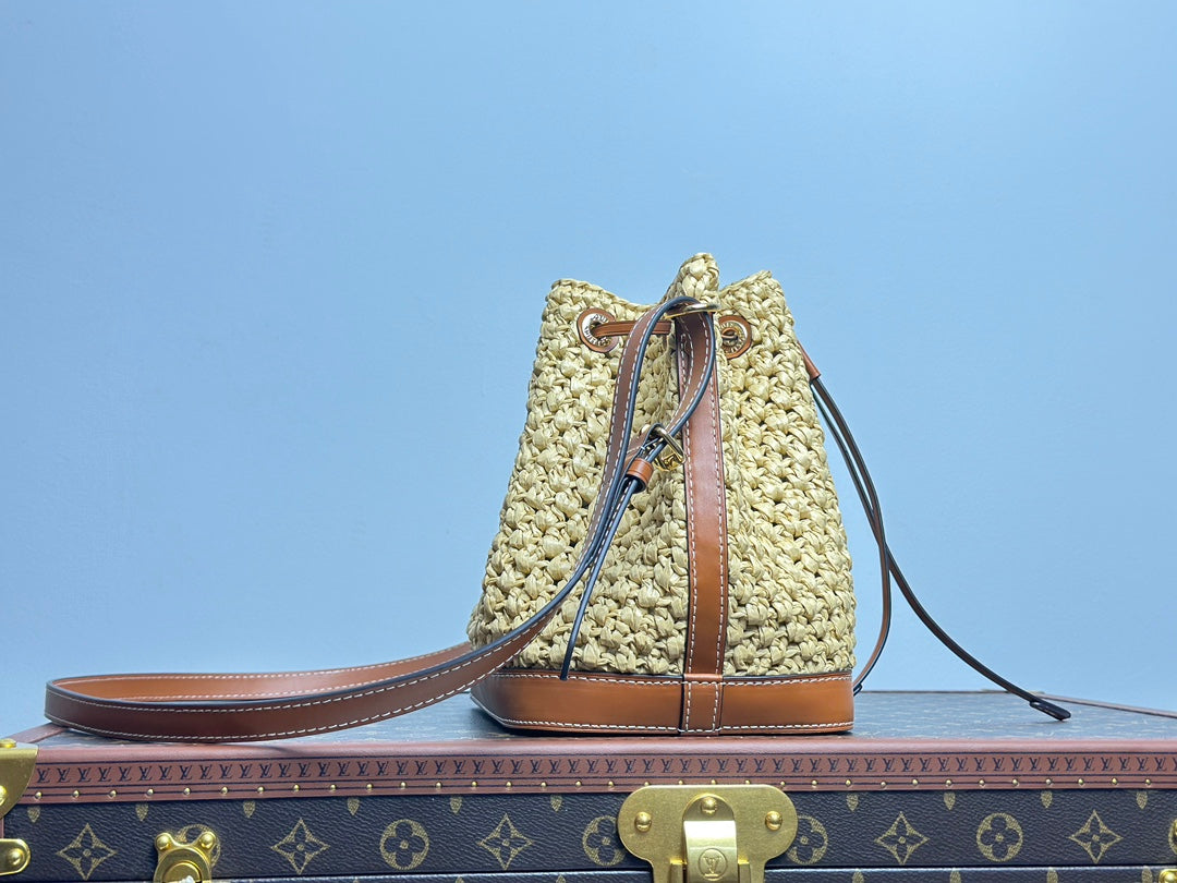 Louis Vuitton Summer Woven Straw Bucket Bag with Brown Leather Strap