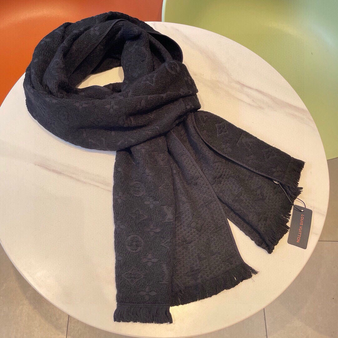 Women's Dark Grey Monogram Pattern Scarf - Elegant Logo Print Soft Winter Shawl, Charcoal