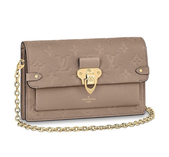 Louis Vuitton Elegant Taupe Embossed Leather Flap Handbag with Gold Chain Strap