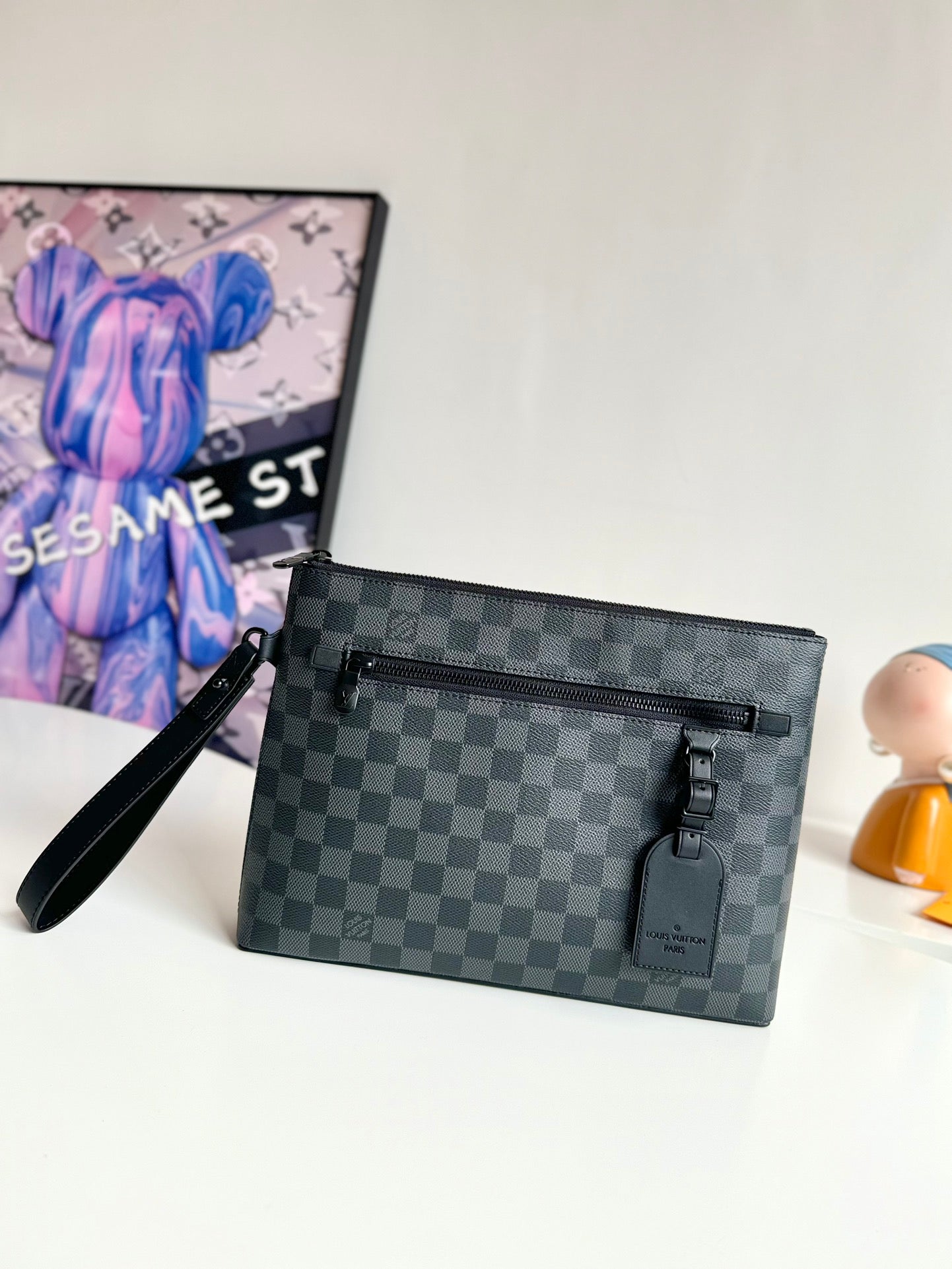 Louis Vuitton Mens Black Checkerboard Canvas Clutch Bag with Wrist Strap