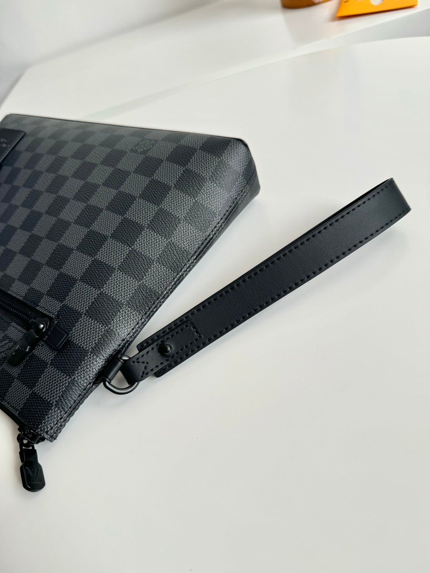 Louis Vuitton Mens Black Checkerboard Canvas Clutch Bag with Wrist Strap