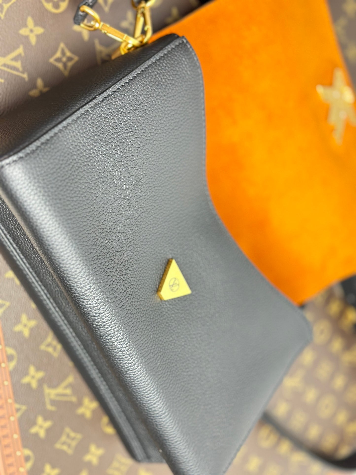 Louis Vuitton Classic Black Leather Shoulder Flap Bag with Gold Twist Lock Clasp