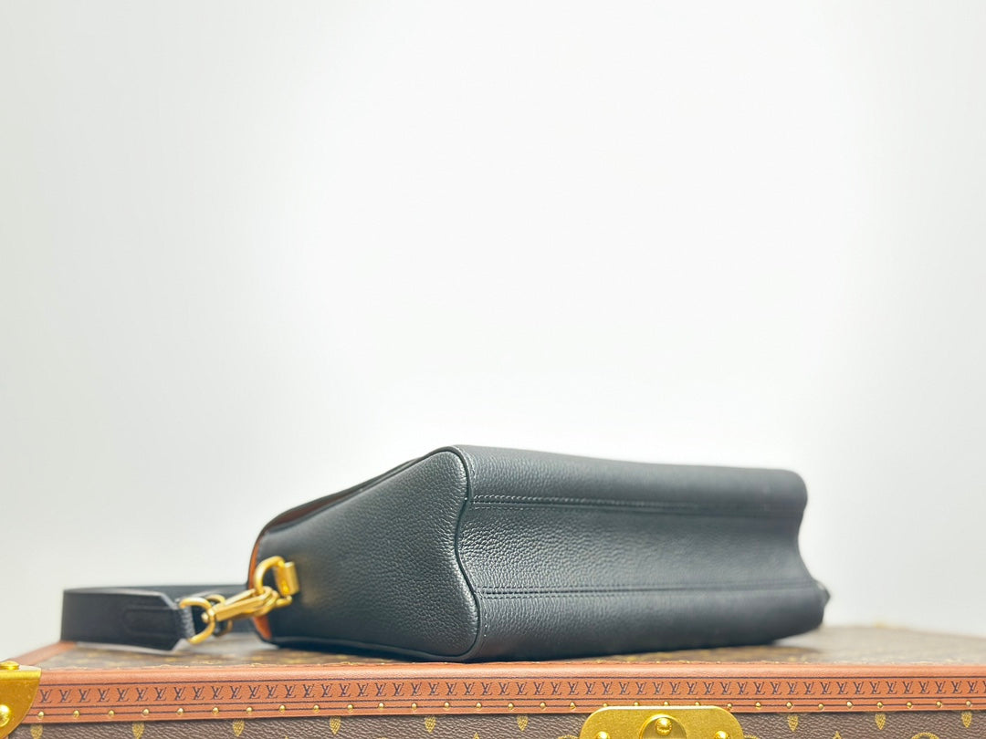 Louis Vuitton Classic Black Leather Shoulder Flap Bag with Gold Twist Lock Clasp