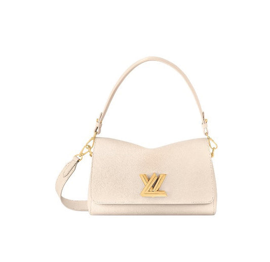 Louis Vuitton Elegant Cream Leather Shoulder Bag with Gold Metal Clasp