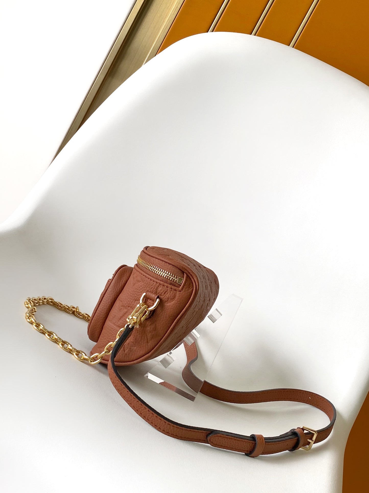 Louis Vuitton Brown Embossed Leather Crossbody Shoulder Bag with Gold Chain