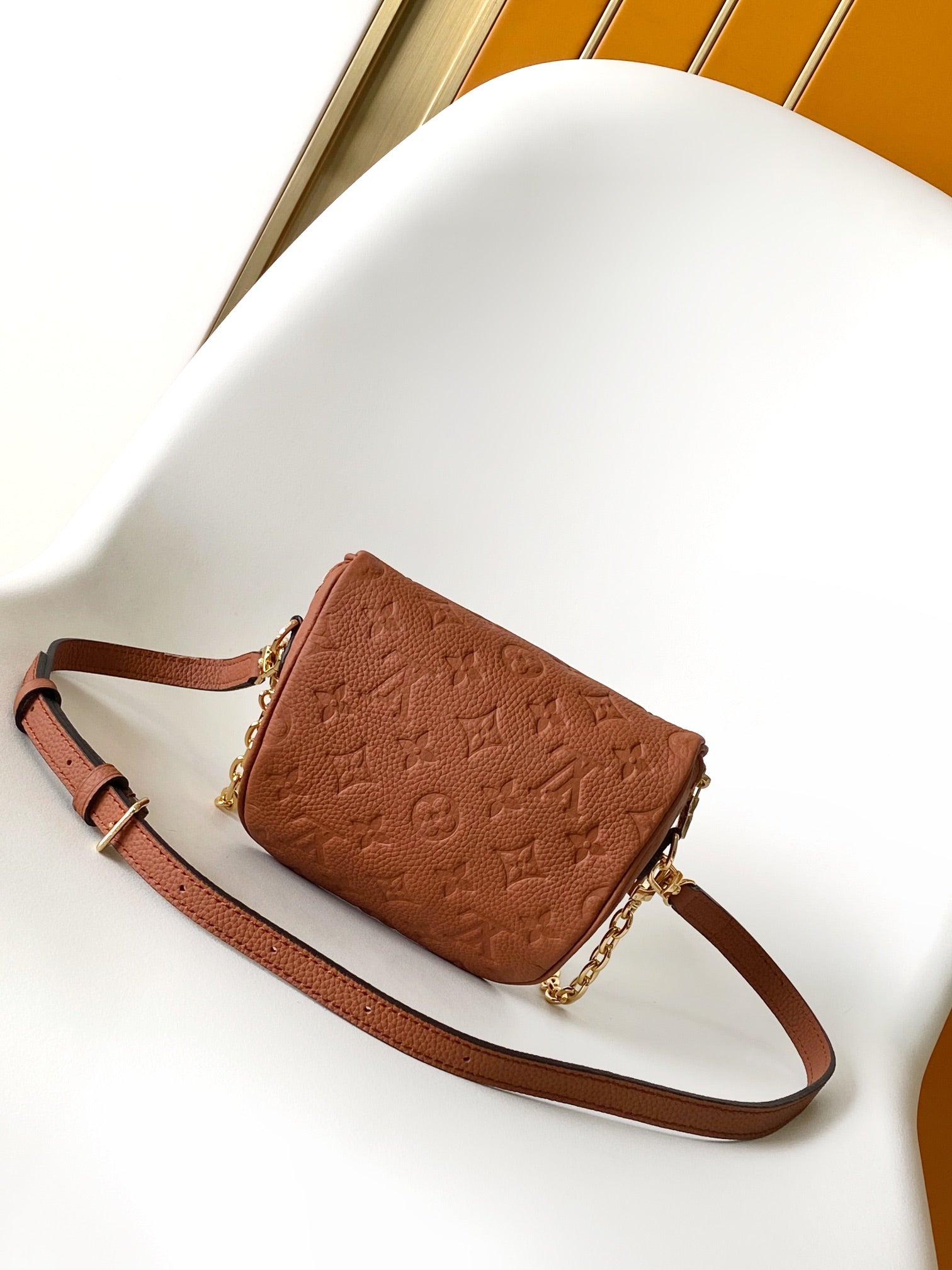 Louis Vuitton Brown Embossed Leather Crossbody Shoulder Bag with Gold Chain