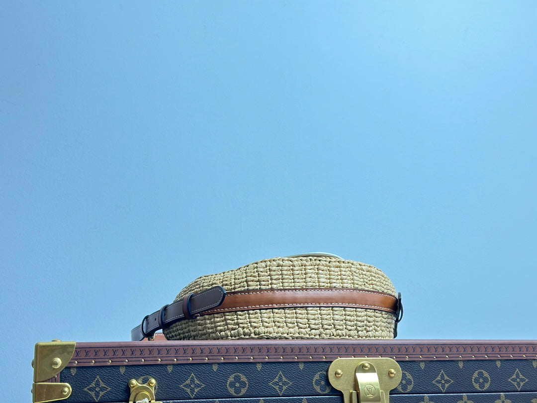 Louis Vuitton Summer Woven Raffia Crescent Shoulder Bag with Leather Trim