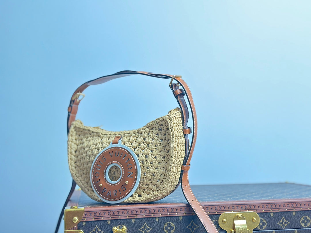 Louis Vuitton Summer Woven Raffia Crescent Shoulder Bag with Leather Trim