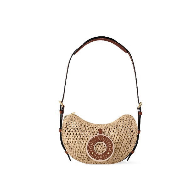 Louis Vuitton Summer Woven Raffia Crescent Shoulder Bag with Leather Trim