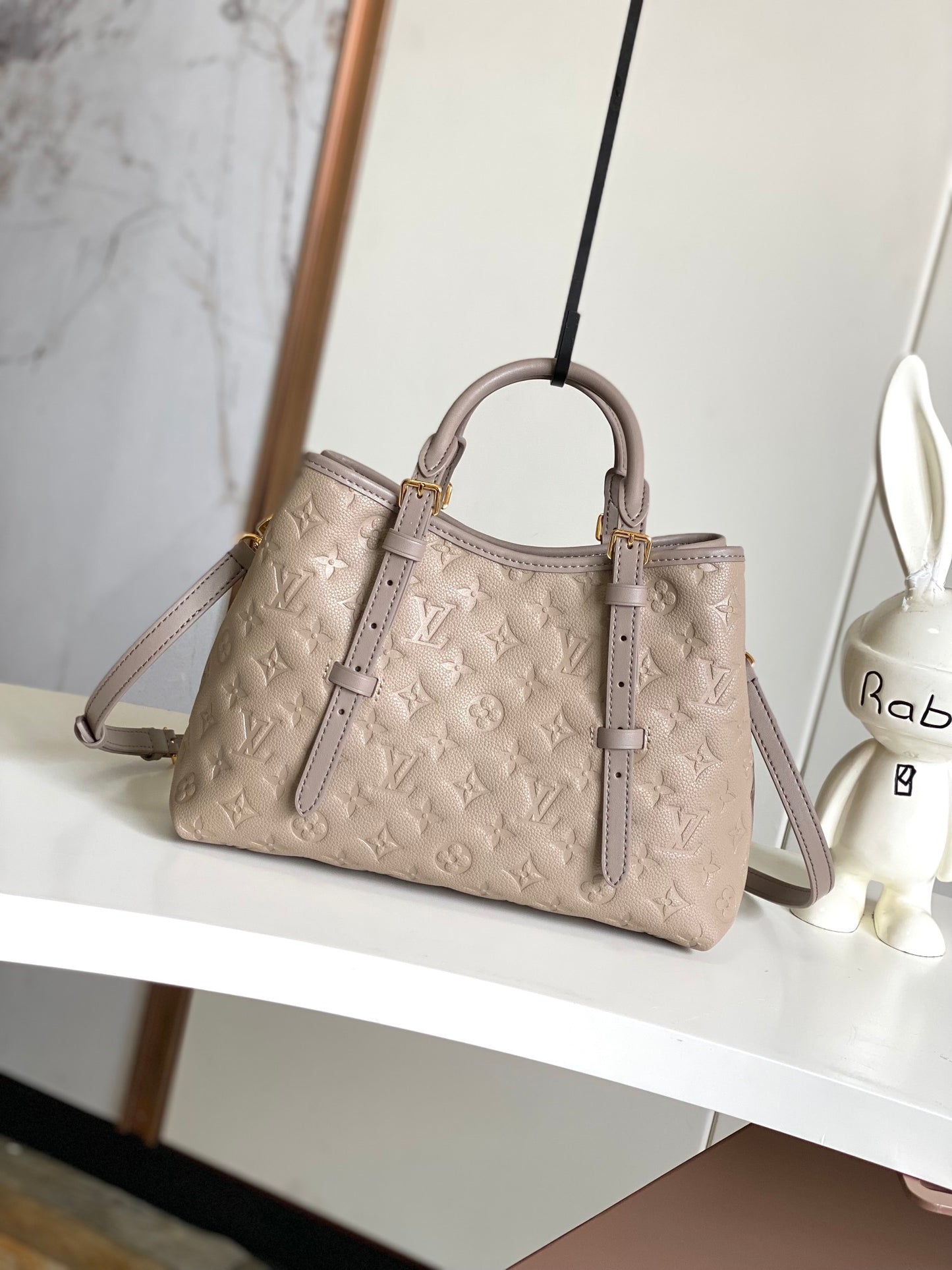 Louis Vuitton Taupe Embossed Leather Top Handle Handbag with Buckle Straps