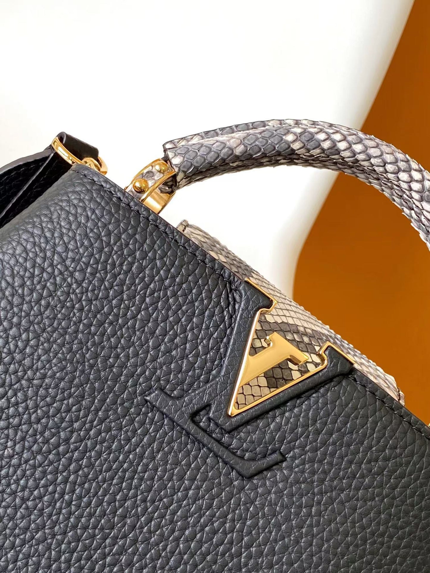 Louis Vuitton Black Leather Top Handle Handbag with Snakeskin Detail and Shoulder Strap