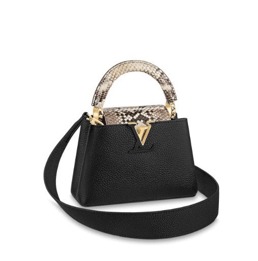 Louis Vuitton Black Leather Top Handle Handbag with Snakeskin Detail and Shoulder Strap