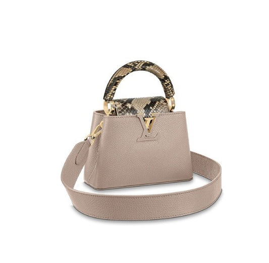 Louis Vuitton Luxury Beige Leather Top Handle Bag with Python Print Accents
