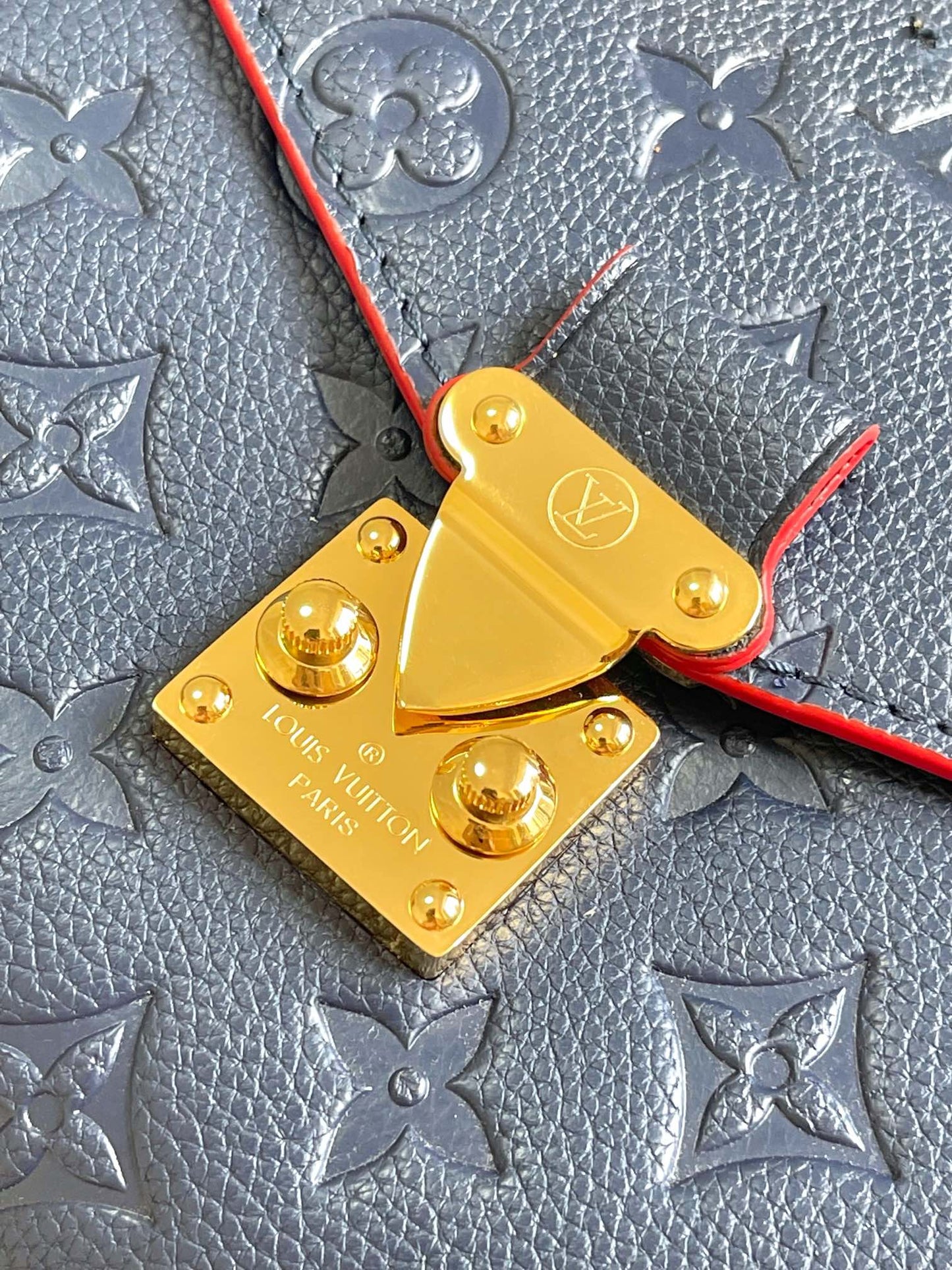 Louis Vuitton Navy Blue Embossed Leather Crossbody Satchel Bag with Red Trim