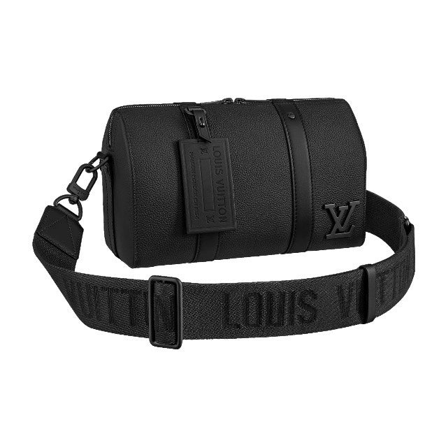 Louis Vuitton Minimalist Black Barrel Crossbody Shoulder Bag with Luggage Tag