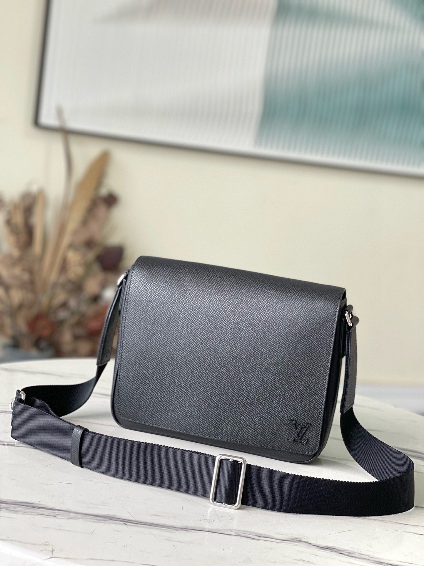 Louis Vuitton Classic Black Leather Crossbody Messenger Bag with Adjustable Strap