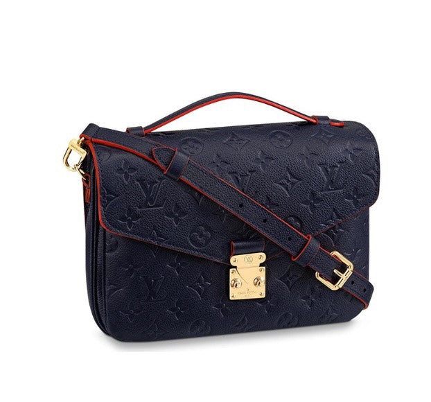 Louis Vuitton Navy Blue Embossed Leather Crossbody Satchel Bag with Red Trim