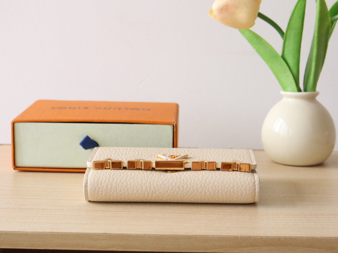 Louis Vuitton Luxury Cream Textured Leather Compact Wallet with Gold Clasp