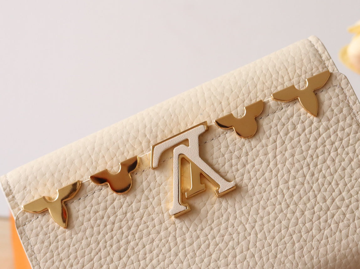 Louis Vuitton Luxury Cream Textured Leather Compact Wallet with Gold Clasp