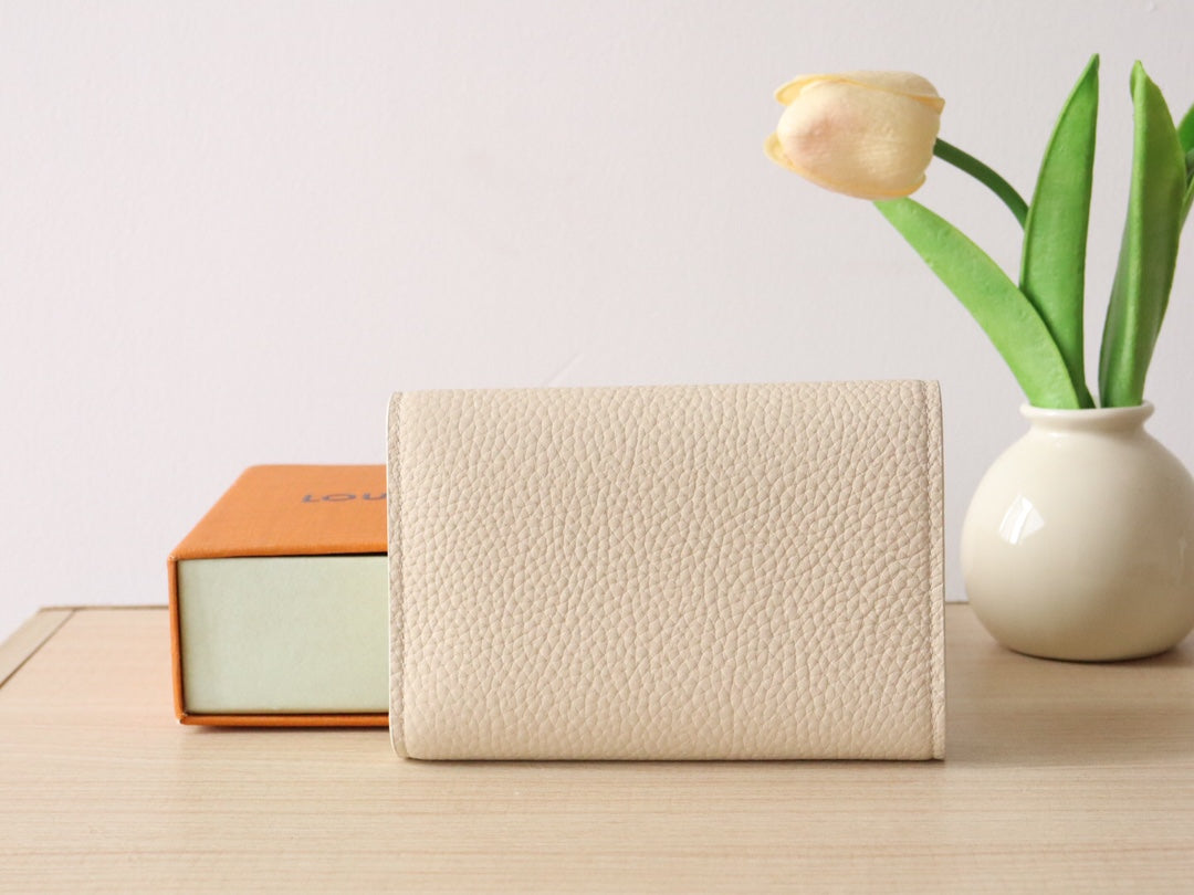 Louis Vuitton Luxury Cream Textured Leather Compact Wallet with Gold Clasp