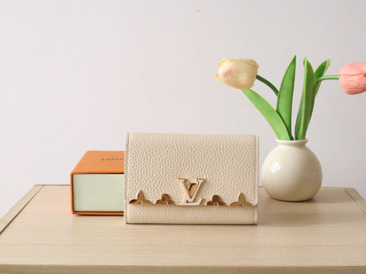 Louis Vuitton Luxury Cream Textured Leather Compact Wallet with Gold Clasp