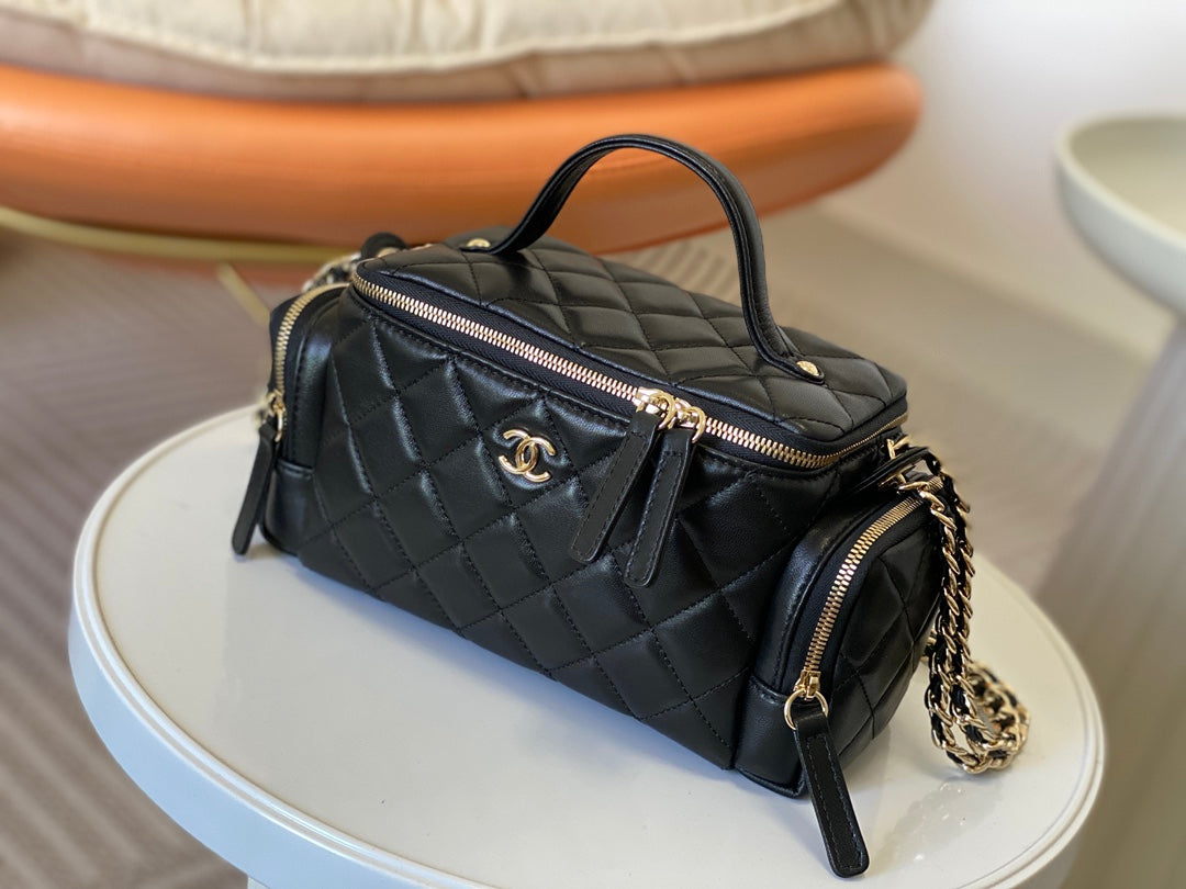 Chanel Quilted Black Leather Vanity Case with Top Handle and Chain Strap