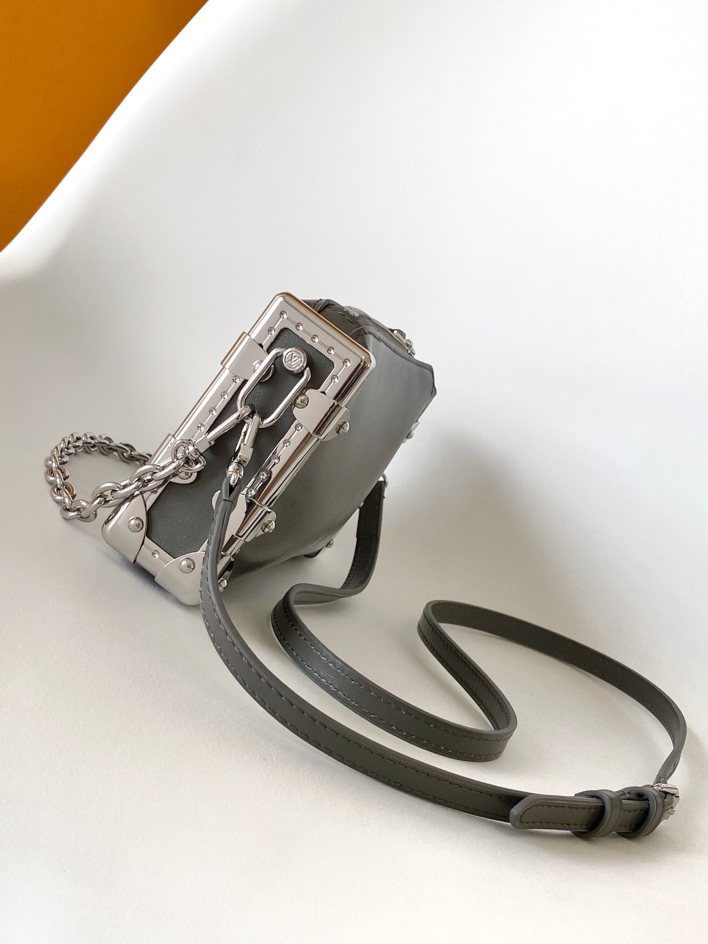 Louis Vuitton Grey Trunk Style Leather Shoulder Bag with Silver Chain Detail