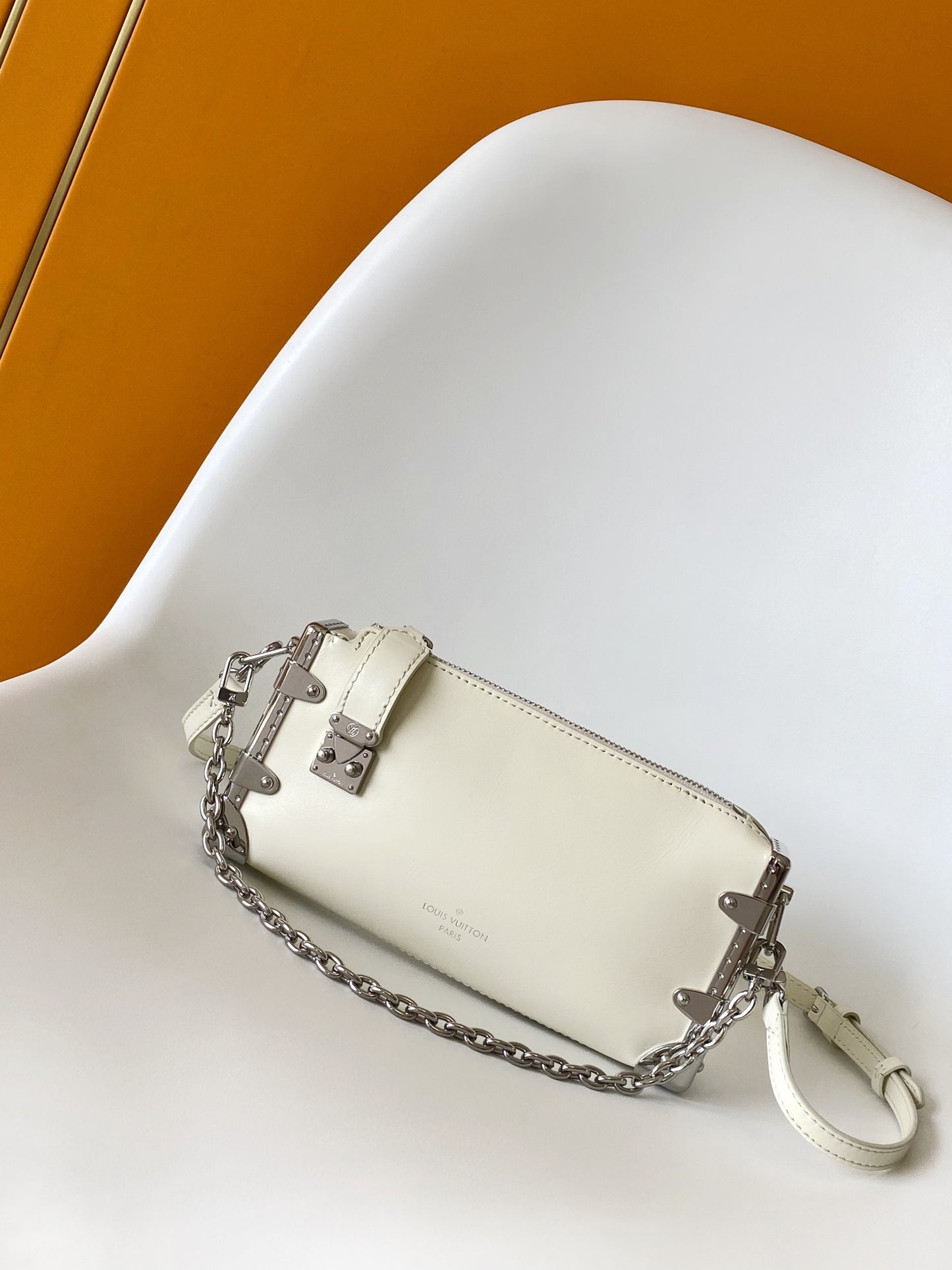 Louis Vuitton Beige Leather Crossbody Bag with Silver Studded Corners and Chain Strap