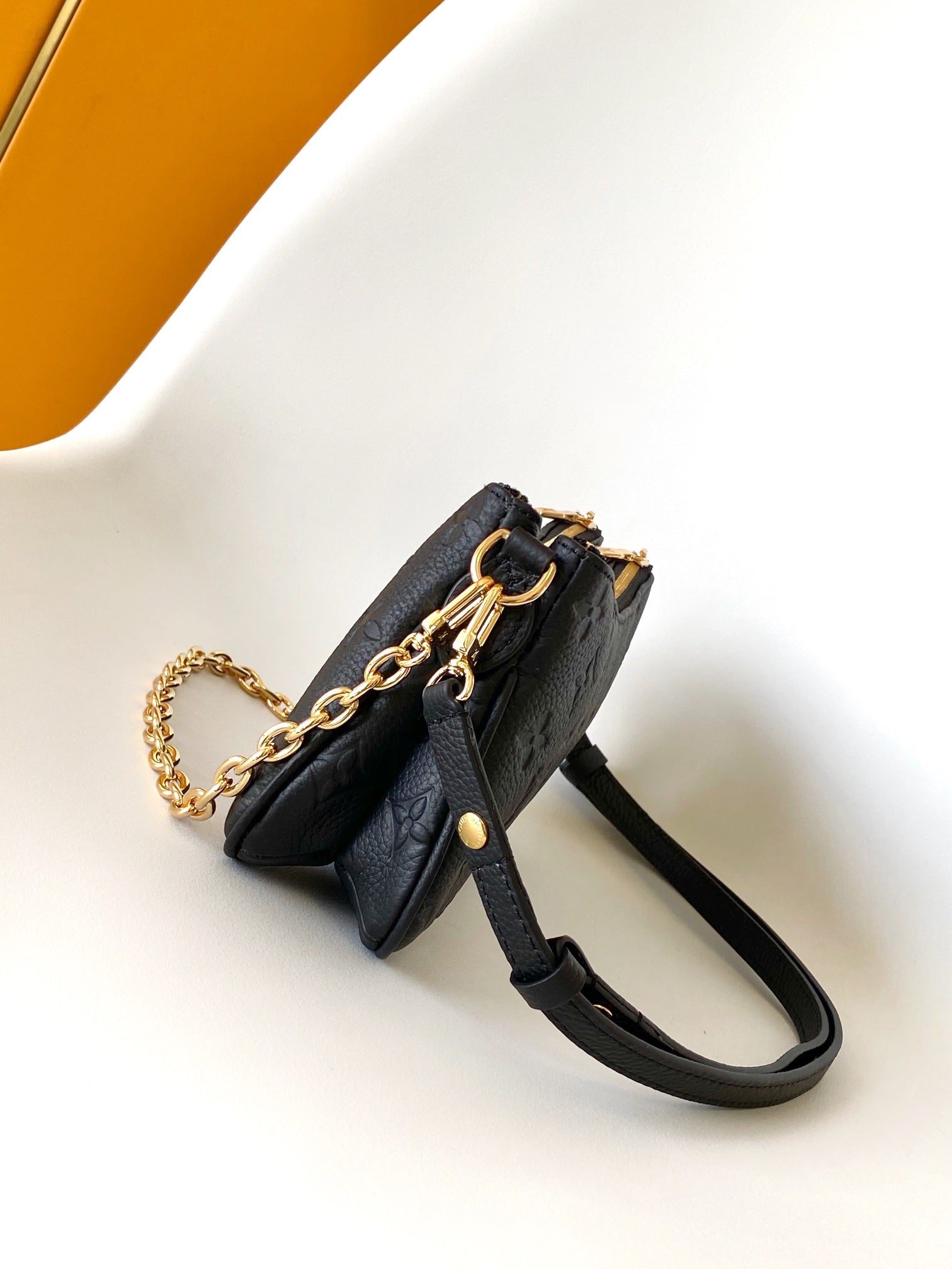 Louis Vuitton Black Embossed Leather Crossbody Bag with Gold Chain Strap