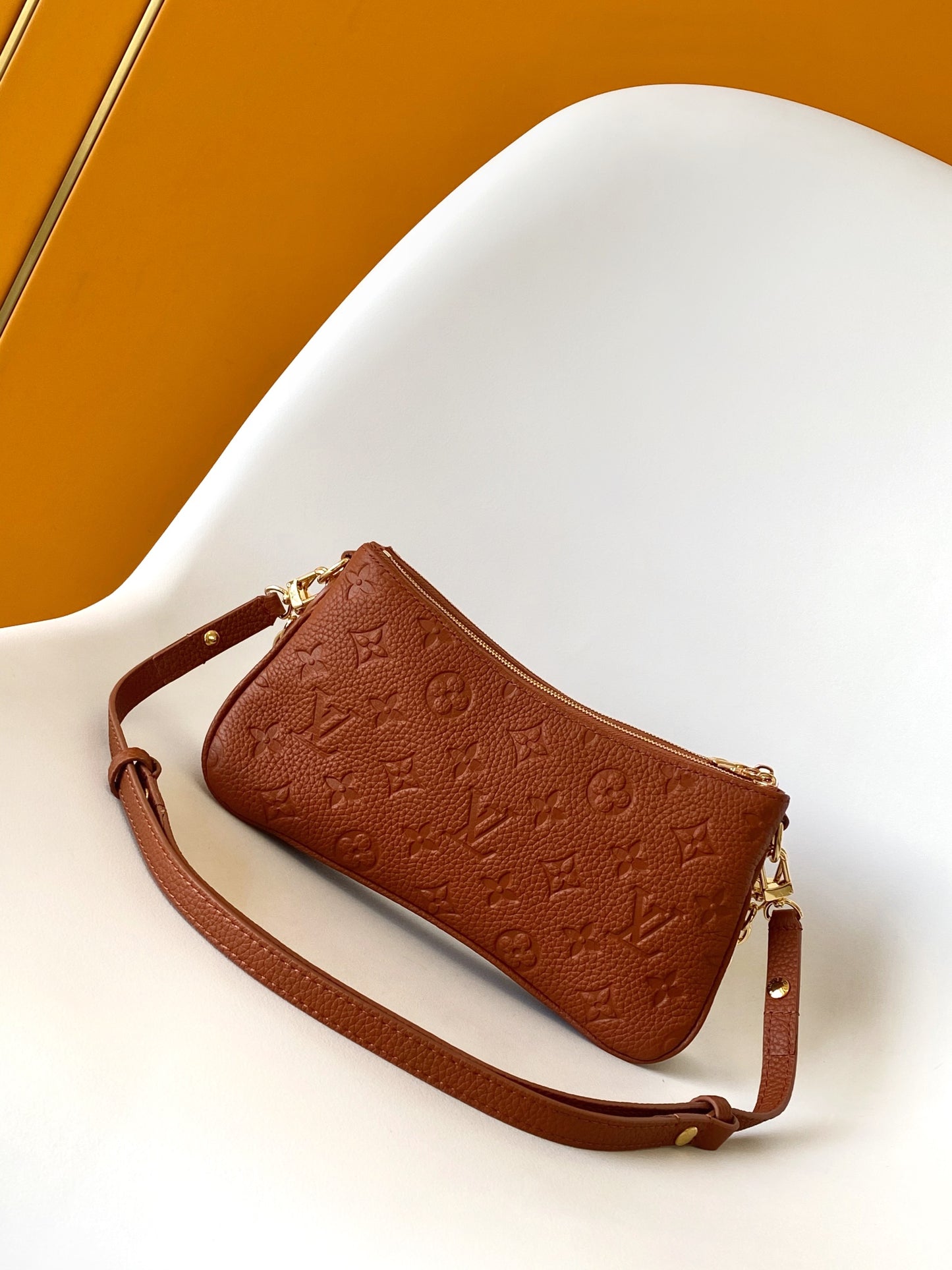 Louis Vuitton Brown Embossed Leather Shoulder Bag with Gold Chain Strap