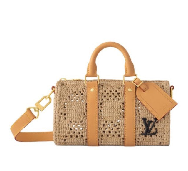Louis Vuitton Woven Raffia Crochet Handbag with Leather Handles and Crossbody Strap