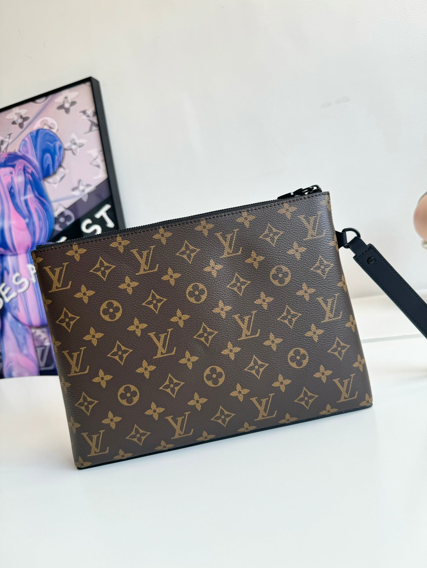 Louis Vuitton Unisex Brown Monogram Canvas Clutch Pouch with Wristlet Strap