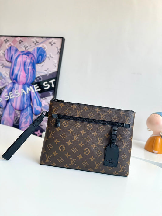 Louis Vuitton Unisex Brown Monogram Canvas Clutch Pouch with Wristlet Strap