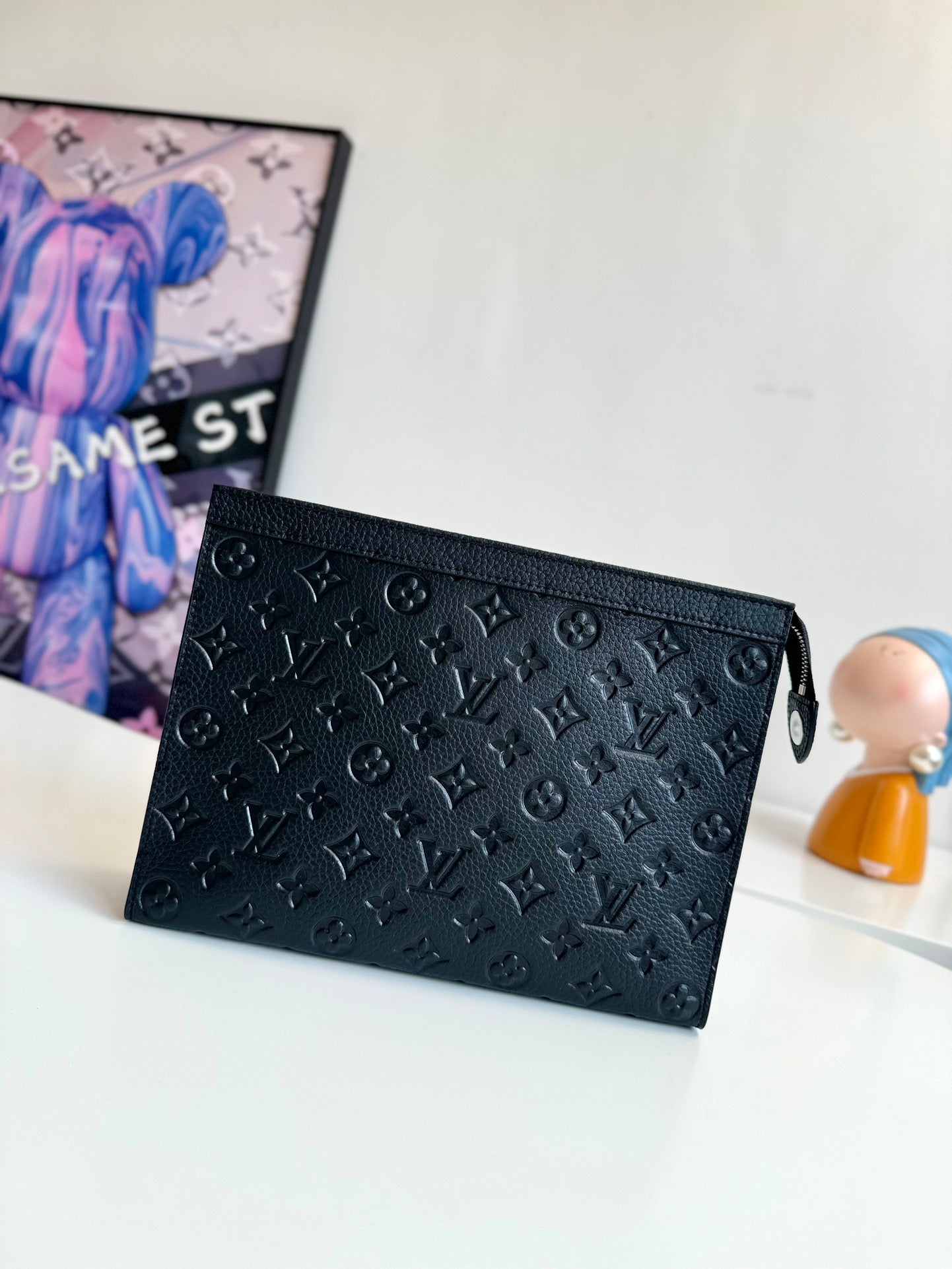 Louis Vuitton Classic Black Embossed Monogram Leather Clutch Zipper Pouch