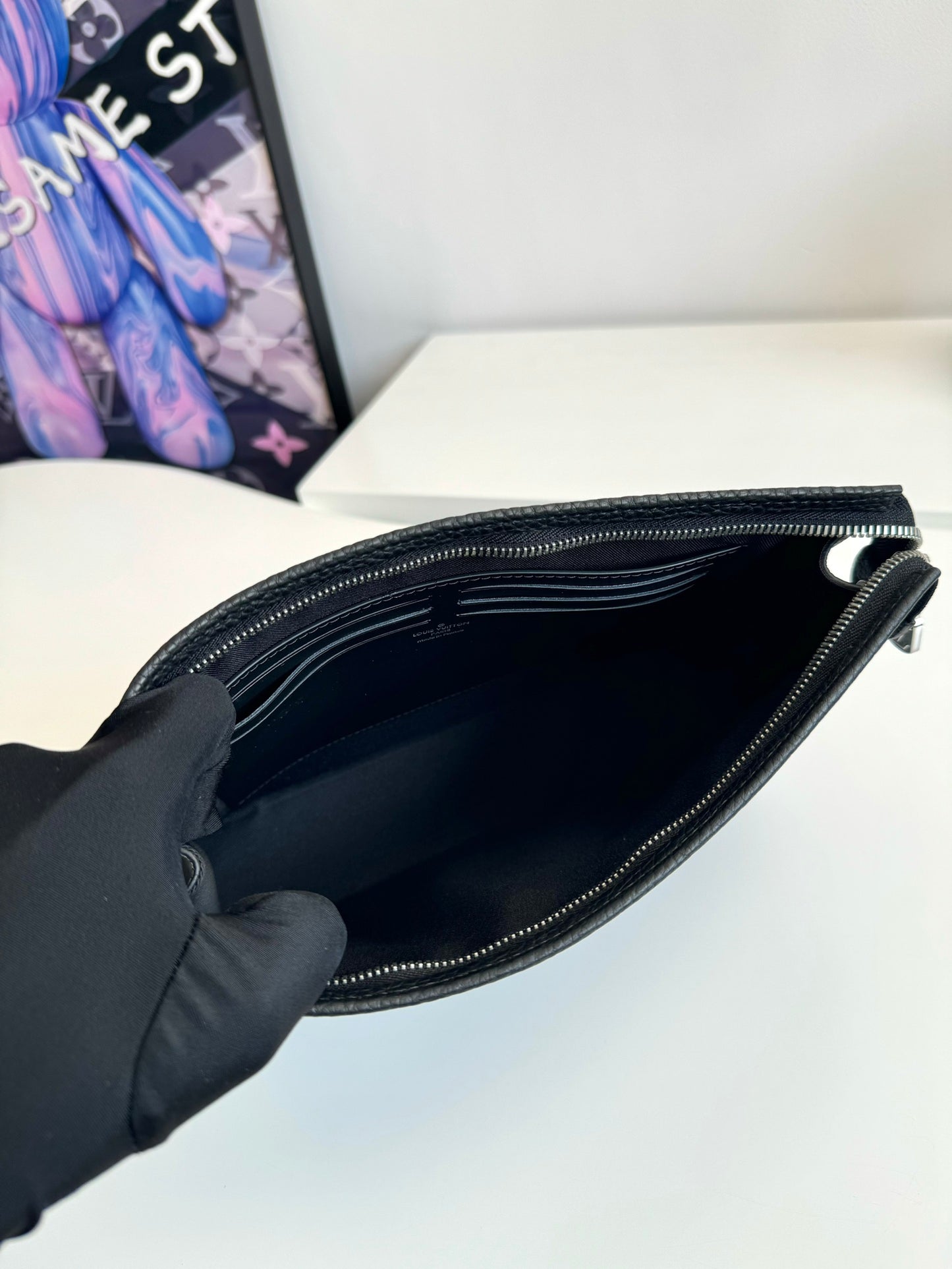 Louis Vuitton Classic Black Embossed Monogram Leather Clutch Zipper Pouch