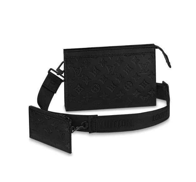 Louis Vuitton Black Embossed Leather Crossbody Messenger Bag with Detachable Pouch